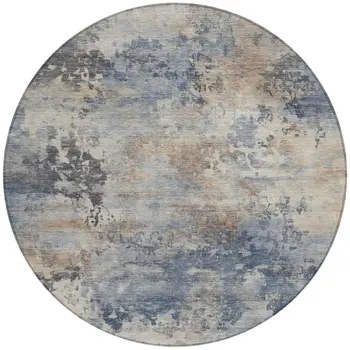 8' Denim Blue Beige And Charcoal Round Abstract Washable Indoor Outdoor Area Rug
