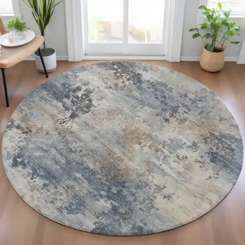 8' Denim Blue Beige And Charcoal Round Abstract Washable Indoor Outdoor Area Rug