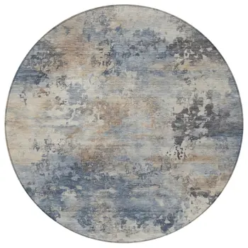 8' Denim Blue Beige And Charcoal Round Abstract Washable Indoor Outdoor Area Rug