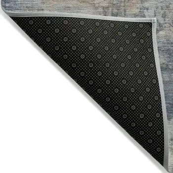 8' X 10' Denim Blue Beige And Charcoal Abstract Washable Indoor Outdoor Area Rug