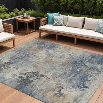 10' X 14' Denim Blue Beige And Charcoal Abstract Washable Indoor Outdoor Area Rug