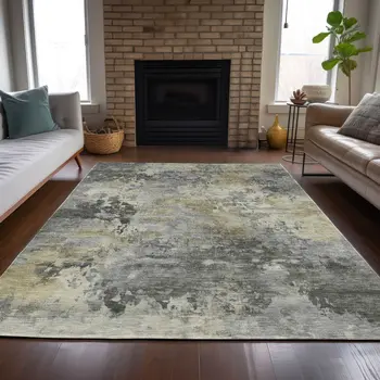5' X 8' Pewter Charcoal And Gold Abstract Washable Indoor Outdoor Area Rug