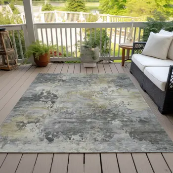 5' X 8' Pewter Charcoal And Gold Abstract Washable Indoor Outdoor Area Rug