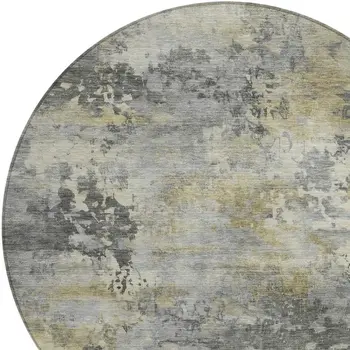 8' Pewter Charcoal And Gold Round Abstract Washable Indoor Outdoor Area Rug