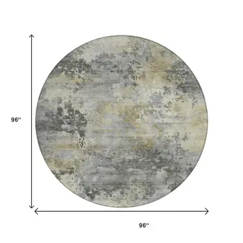 8' Pewter Charcoal And Gold Round Abstract Washable Indoor Outdoor Area Rug