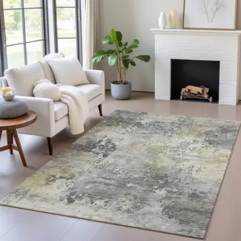 10' X 14' Pewter Charcoal And Gold Abstract Washable Indoor Outdoor Area Rug