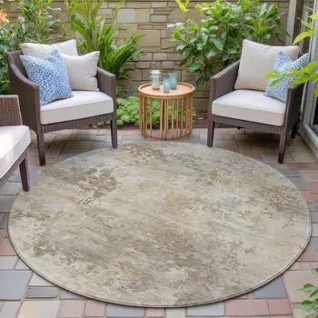 8' Tan And Beige Round Abstract Washable Indoor Outdoor Area Rug