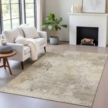 8' X 10' Tan And Beige Abstract Washable Indoor Outdoor Area Rug
