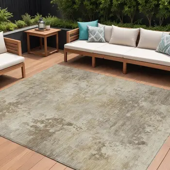 10' X 14' Tan And Beige Abstract Washable Indoor Outdoor Area Rug