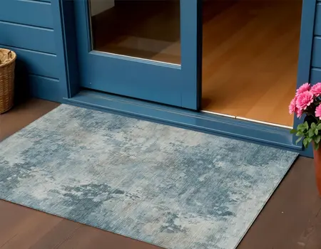 3' X 5' Teal Blue And Beige Abstract Washable Indoor Outdoor Area Rug