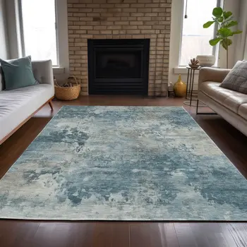 5' X 8' Teal Blue And Beige Abstract Washable Indoor Outdoor Area Rug