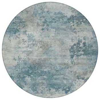 8' Teal Blue And Beige Round Abstract Washable Indoor Outdoor Area Rug