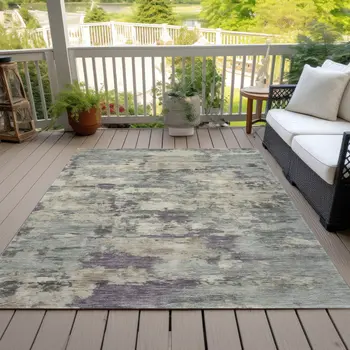 5' X 8' Sage Gray And Plum Abstract Washable Indoor Outdoor Area Rug