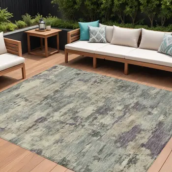 9' X 12' Sage Gray And Plum Abstract Washable Indoor Outdoor Area Rug