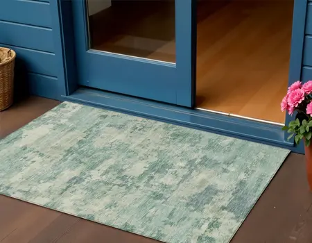 3' X 5' Teal Blue Linen And Pale Aqua Abstract Washable Indoor Outdoor Area Rug