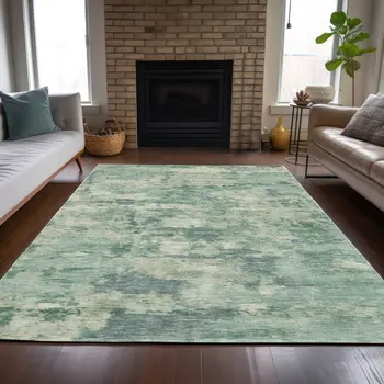 3' X 5' Teal Blue Linen And Pale Aqua Abstract Washable Indoor Outdoor Area Rug