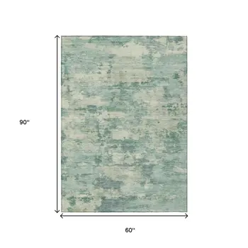 5' X 8' Teal Blue Linen And Pale Aqua Abstract Washable Indoor Outdoor Area Rug