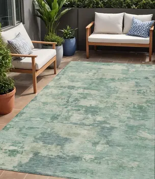 5' X 8' Teal Blue Linen And Pale Aqua Abstract Washable Indoor Outdoor Area Rug