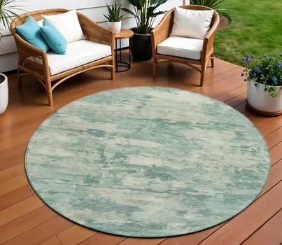 8' Teal Blue Linen And Pale Aqua Round Abstract Washable Indoor Outdoor Area Rug