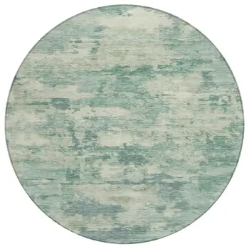 8' Teal Blue Linen And Pale Aqua Round Abstract Washable Indoor Outdoor Area Rug