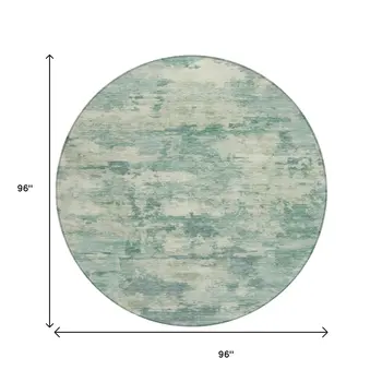 8' Teal Blue Linen And Pale Aqua Round Abstract Washable Indoor Outdoor Area Rug