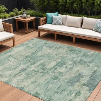 10' X 14' Teal Blue Linen And Pale Aqua Abstract Washable Indoor Outdoor Area Rug