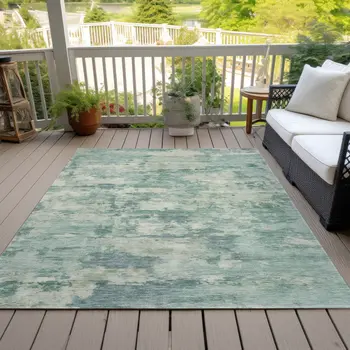 10' X 14' Teal Blue Linen And Pale Aqua Abstract Washable Indoor Outdoor Area Rug