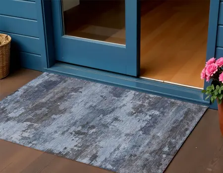 3' X 5' Blue And Charcoal Abstract Washable Indoor Outdoor Area Rug
