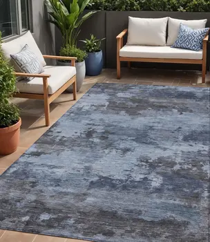 5' X 8' Blue And Charcoal Abstract Washable Indoor Outdoor Area Rug