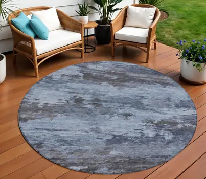 8' Blue And Charcoal Round Abstract Washable Indoor Outdoor Area Rug