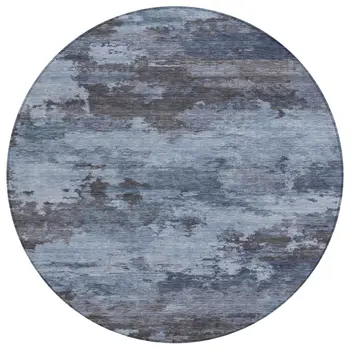 8' Blue And Charcoal Round Abstract Washable Indoor Outdoor Area Rug