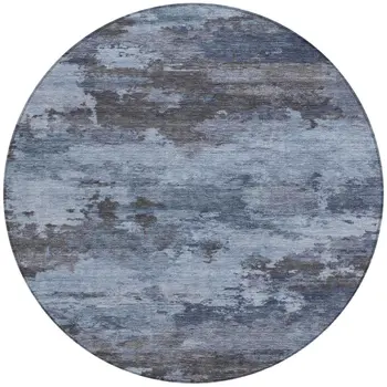 8' Blue And Charcoal Round Abstract Washable Indoor Outdoor Area Rug
