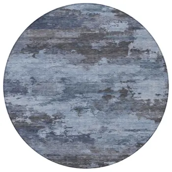 8' Blue And Charcoal Round Abstract Washable Indoor Outdoor Area Rug