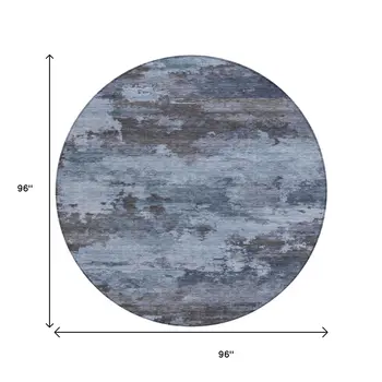 8' Blue And Charcoal Round Abstract Washable Indoor Outdoor Area Rug