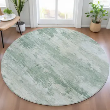 8' Mint Green And Pale Aqua Round Abstract Washable Indoor Outdoor Area Rug