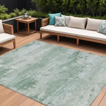 9' X 12' Mint Green And Pale Aqua Abstract Washable Indoor Outdoor Area Rug