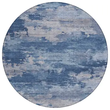 8' Navy Blue And Ivory Round Abstract Washable Indoor Outdoor Area Rug