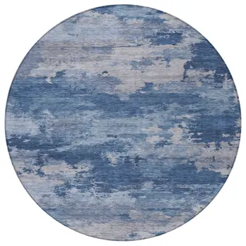 8' Navy Blue And Ivory Round Abstract Washable Indoor Outdoor Area Rug