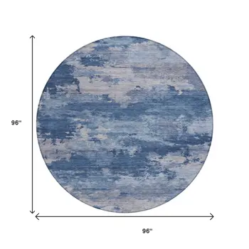 8' Navy Blue And Ivory Round Abstract Washable Indoor Outdoor Area Rug