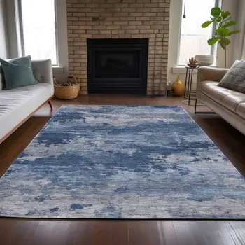 8' X 10' Navy Blue And Ivory Abstract Washable Indoor Outdoor Area Rug
