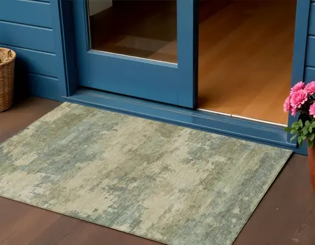 3' X 5' Pale Aqua And Khaki Abstract Washable Indoor Outdoor Area Rug