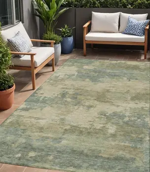 5' X 8' Pale Aqua And Khaki Abstract Washable Indoor Outdoor Area Rug