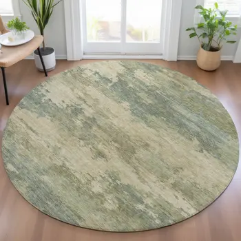 8' Pale Aqua And Khaki Round Abstract Washable Indoor Outdoor Area Rug