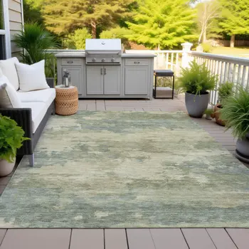 9' X 12' Pale Aqua And Khaki Abstract Washable Indoor Outdoor Area Rug