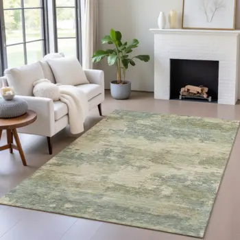 9' X 12' Pale Aqua And Khaki Abstract Washable Indoor Outdoor Area Rug