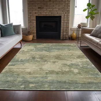 9' X 12' Pale Aqua And Khaki Abstract Washable Indoor Outdoor Area Rug