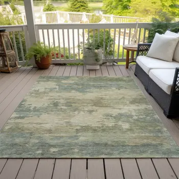 9' X 12' Pale Aqua And Khaki Abstract Washable Indoor Outdoor Area Rug