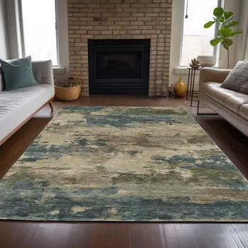3' X 5' Teal Blue And Beige Abstract Washable Indoor Outdoor Area Rug