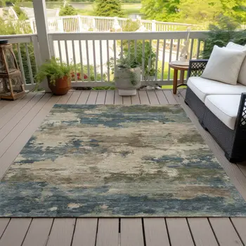 3' X 5' Teal Blue And Beige Abstract Washable Indoor Outdoor Area Rug