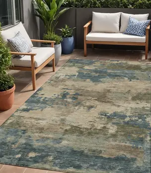 5' X 8' Teal Blue And Beige Abstract Washable Indoor Outdoor Area Rug